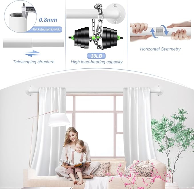 White Wrap Around Curtain Rods 48 to 90 Inch:Blackout Heavy duty Adjustable Window Curtain Rod for Bedroom,Industrial Darkening Curved French Metal Single Drapery Rods Easy Install,Pure White
