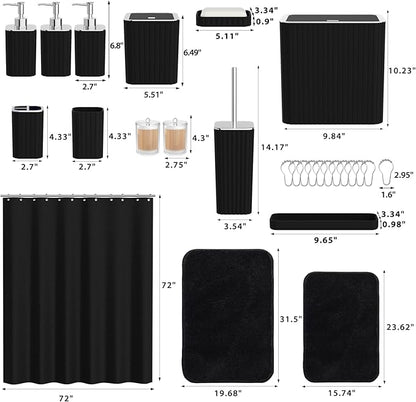 Bathroom Accessory Set - Bathroom Set, 27PC Bathroom Accessories Set, Black Bathroom Sets with Shower Curtain and Rugs, Mini Trash Can, Toilet Brush, Trash Can & Soap Dispenser