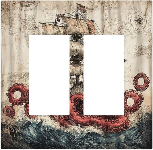 Decorative Outlet Covers Vintage Octopus Ocean Sailboat Bizarre Adventure 2 Gang Double GFCI Rocker Electrical Wall Panels Light Switch Cover Plate for Bathroom Kids room Decor