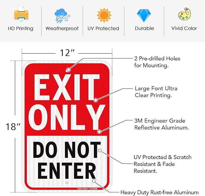 Faittoo Exit Only Do Not Enter Sign, 18 x 12 Inches Engineer Grade Reflective Aluminum Sign, UV Protected, Weather/Fade Resistant, Easy to Install and Read, Indoor/Outdoor Use (2 Pack)