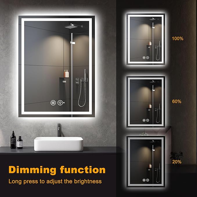 LED Smart Mirror with Lights, 48"x32" Lighted Bathroom Mirrors Wall Mounted, Anti-Fog Lighted Vanity Mirror, Stepless Dimmable, 3 Colors, Memory Function, Horizontal/Vertical LED Mirror.
