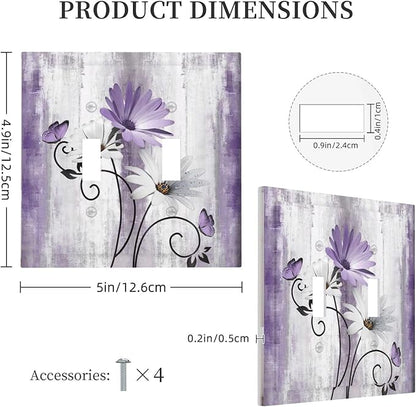 Decorative Light Switch Plate Covers Rustic White Purple Daisy Floral Flower 2 Gang Wall Plate Double Toggle Switch Cover Plate Electric Dual Device Electrical Faceplate for Bedroom Decor