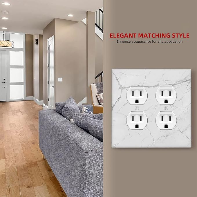 Outlet Covers White Grey Abstract Modern Marble 2 Gang Double Duplex Decorative Light Switch Covers Electrical Wallplates Socket Faceplate for Bathroom Kitchen Decor