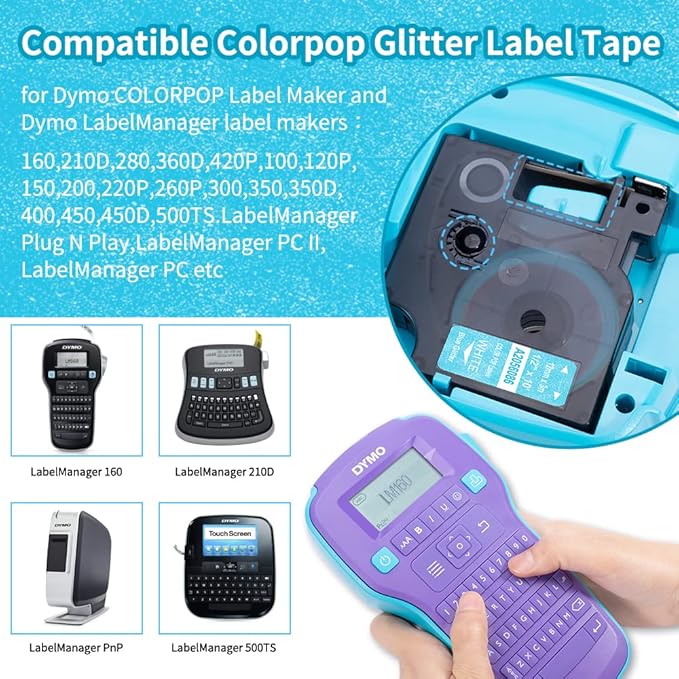 Freshworld 5-Pack Compatible with DYMO D1 Colorpop Label Tape 12mm 0.47" D1 Label Tape Refill, Replace COLORPOP Label Maker LabelManager 160 280 360D 420P PnP, White, Purple/Pink/Green/Gold Glitter