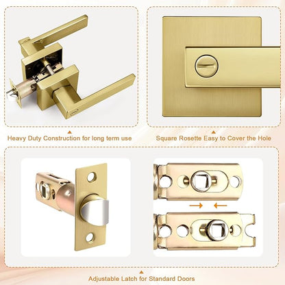 Probrico Heavy Duty Flat Gold Door Handles Square Privacy Interior Door Levers Bedroom and Bathroom Door Handles Keyless Bed/Bath Lockset (2 Pack)