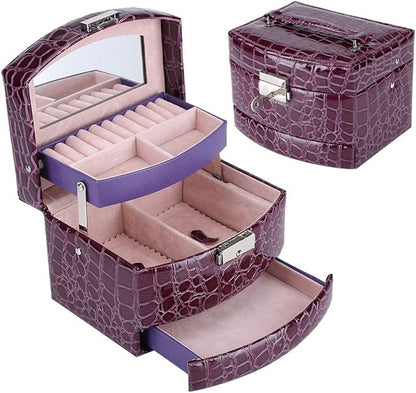 Portable Jewelry Box Organizer, Multi Layer Storage Case for Rings Earrings Necklaces, Purple PU Leather Jewelry Organizer with Mirror, 3 Drawers Travel Jewelry Box for Women Girls