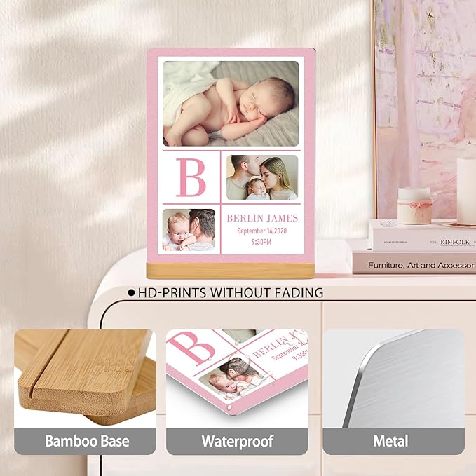Custom Photo Prints - Metal Desktop Picture Frame with Baby's Photos & Name & Wooden Base Personalized Newborn Memorial Gifts for Family Friends and Lovers, Optional Multiple Sizes