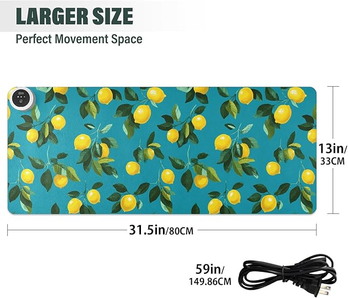 Heated Desk Pad Mouse Pad 31.5x13 Inch PU Leather Desk Mat with 3 Heat Levels Large Mouse Gaming Computer Laptop Mat Teal Lemons