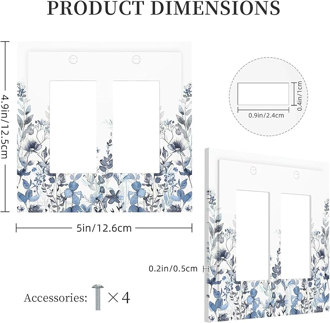 Decorative Outlet Covers Light Blue Watercolor Leaves Plant With Floral 2 Gang Double GFCI Rocker Electrical Wall Panels Light Switch Cover Plate for Bedroom Bathroom Decor