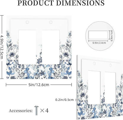 Decorative Outlet Covers Light Blue Watercolor Leaves Plant With Floral 2 Gang Double GFCI Rocker Electrical Wall Panels Light Switch Cover Plate for Bedroom Bathroom Decor