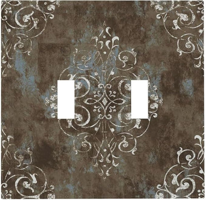 Gothic Vintage Abstract Brown Patterns Double Toggle Light Switch Covers 2 Gang Wall Plate Dual Decorative Switchplate Electrical Faceplate for Country Bathroom Bedroom Decor