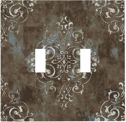 Gothic Vintage Abstract Brown Patterns Double Toggle Light Switch Covers 2 Gang Wall Plate Dual Decorative Switchplate Electrical Faceplate for Country Bathroom Bedroom Decor