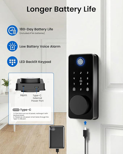 Smart Door Lock, Fingerprint Keyless Entry Deadbolt for Front Door App Control, Electronic Touchscreen Keypad, Auto Locking, IP54 Waterproof, Easy Install Digital Lock