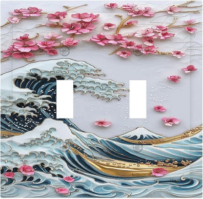 Decorative Switch Plates The Great Wave Off Kanagawa With Sakura 2 Gang Double Toggle Outlet Light Switch Cover Wall Plate Electrical Faceplate for Bedroom Bathroom Decor