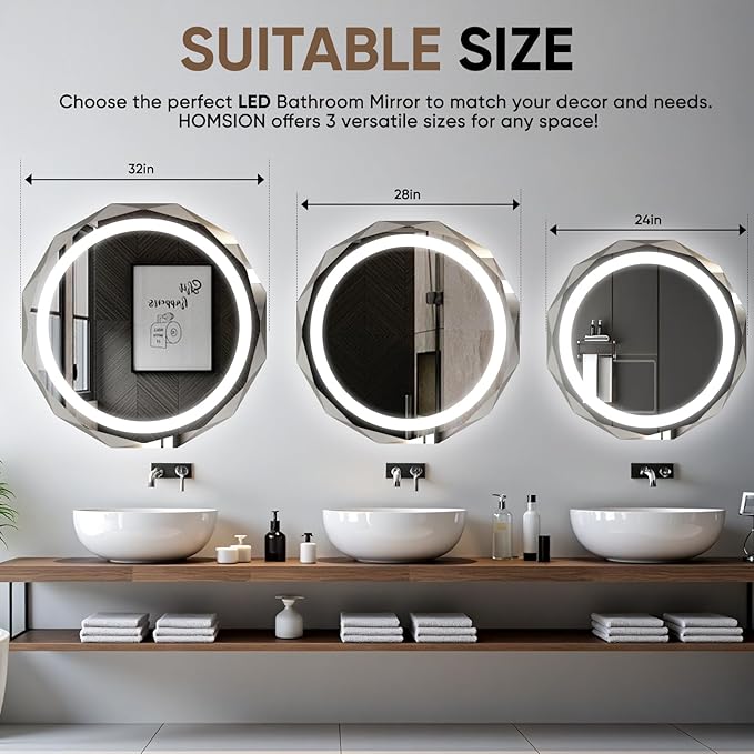 24 Inch Round LED Bathroom Mirror with Lights, Frameless Vanity LED Mirror for Bathroom with Beveled Edge, Backlit Anti-Fog, Dimmable, 3 Colors, Memory Function, Tempered Glass, Shatter-Proof