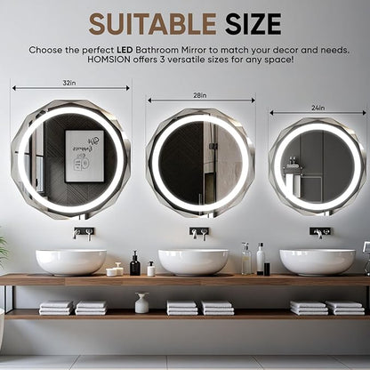 24 Inch Round LED Bathroom Mirror with Lights, Frameless Vanity LED Mirror for Bathroom with Beveled Edge, Backlit Anti-Fog, Dimmable, 3 Colors, Memory Function, Tempered Glass, Shatter-Proof