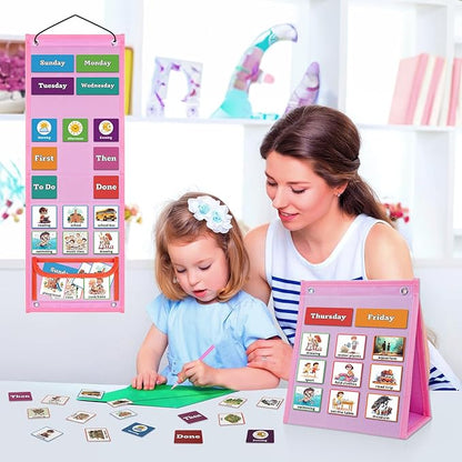 Visual Schedule for Kids Chore Chart，3 in 1 Daily Schedule Board Routine Pocket Chart Cards for Toddlers,Autism Learning Materials Tool Wall Planner for Home School with 103 Cards （Pink）