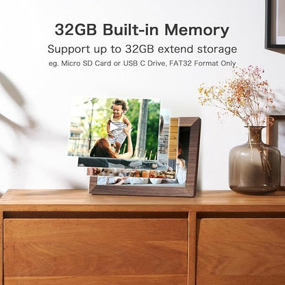 Digital Picture Frame, Frameo WiFi 10.1 Inch 1280 * 800IPS Touch Screen Digital Photo Frame, 32GB Memory, Auto-Rotate, Share Videos Pictures, Birthday Gift for Friend, Family, Wood Color Plastic Frame
