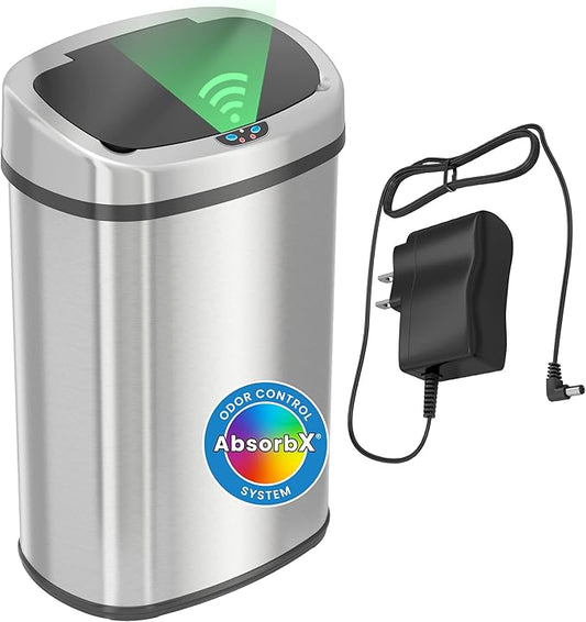 SensorCan 50 Liter / 13 Gallon Kitchen Trash Can with AC Adapter & Odor Filter – Motion Sensor Stainless Steel Garbage Bin for Home, Office, Garage – Slim Oval Shape, Large Capacity Design