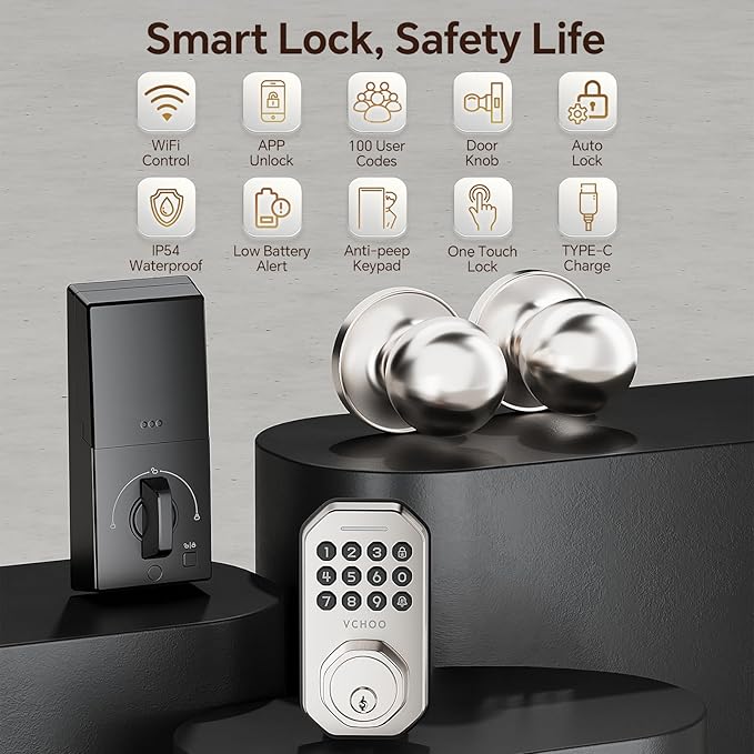 Keyless Entry Door Lock with 2 Knobs App Control Smart Locks for Front Door WiFi Door Lock Set Automatic Lock One Time Password Anti Peeping Password IP54, Satin Nickel