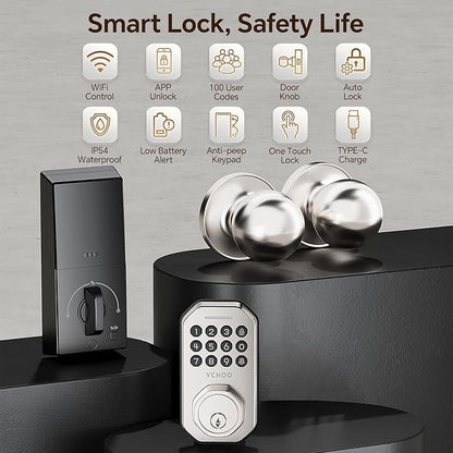Keyless Entry Door Lock with 2 Knobs App Control Smart Locks for Front Door WiFi Door Lock Set Automatic Lock One Time Password Anti Peeping Password IP54, Satin Nickel