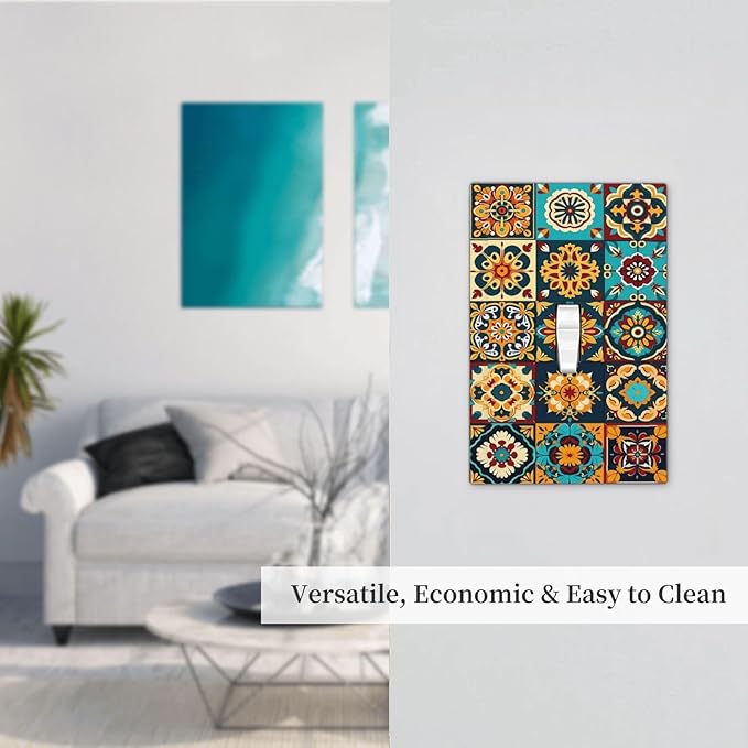 Mexican Talavera Ceramic Tile Moroccan Boho Decorative Light Switch Cover 1 Gang Single Toggle Device Electrical Faceplate Switchplates Decorator Outlet Wall Plate for Bathroom Kitchen Decor