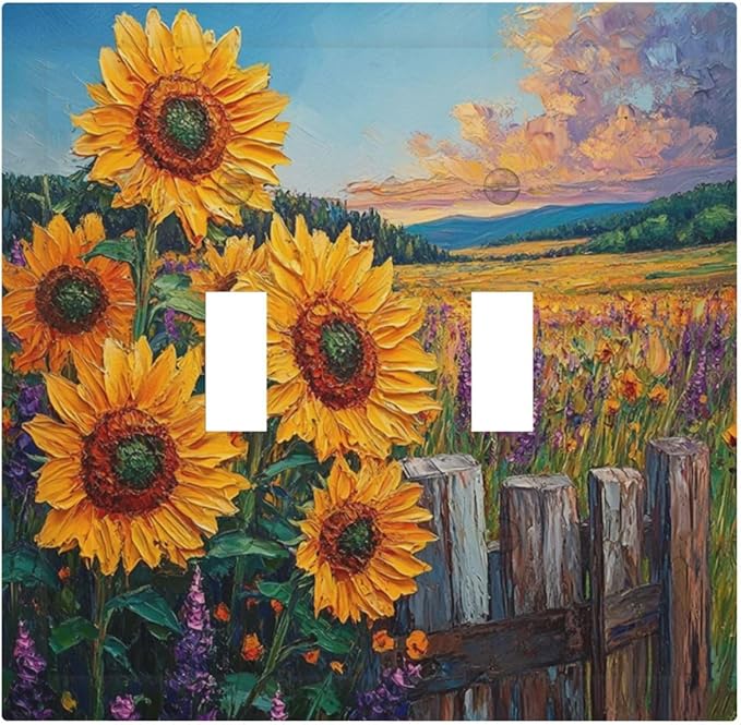 Decorative Light Switch Cover Plate Rustic Wilderness Sunflower Lavender Muzha Oil Painting 2 Gang Wall Plate Oversized Double Toggle Two Switch Wall Cover Plate Faceplate