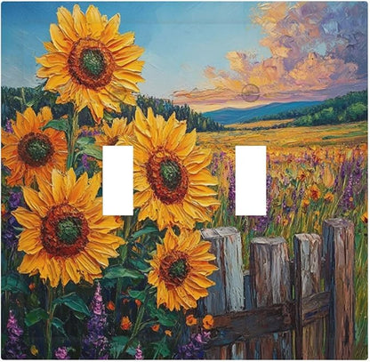 Decorative Light Switch Cover Plate Rustic Wilderness Sunflower Lavender Muzha Oil Painting 2 Gang Wall Plate Oversized Double Toggle Two Switch Wall Cover Plate Faceplate