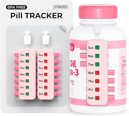 Pill Reminder for Easy Tracking Without Refills, Reusable Pill Tracker for Vairous Bottles, Arthritis-Friendly & Anti-Slide Medication Tracker, Compact Medicine Reminder for Pet Meds, Pink, 2-Pack