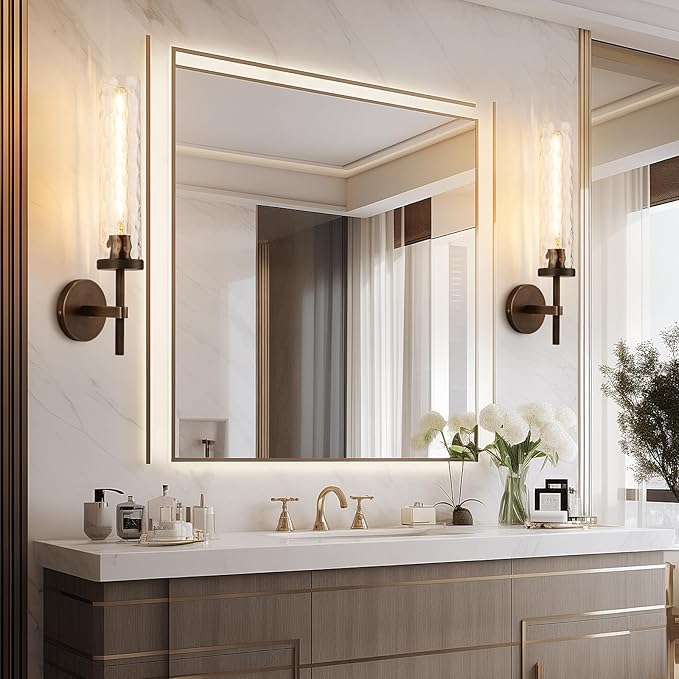 19.5" Knurled Brass Wall Sconce with Water Ripples Glass Tube, Bronze Bathroom Vanity Light Fixtures, Modern Lamp Lighting for Bedroom, Living Room, Hallway, Staircase, Mirror, Kitchen