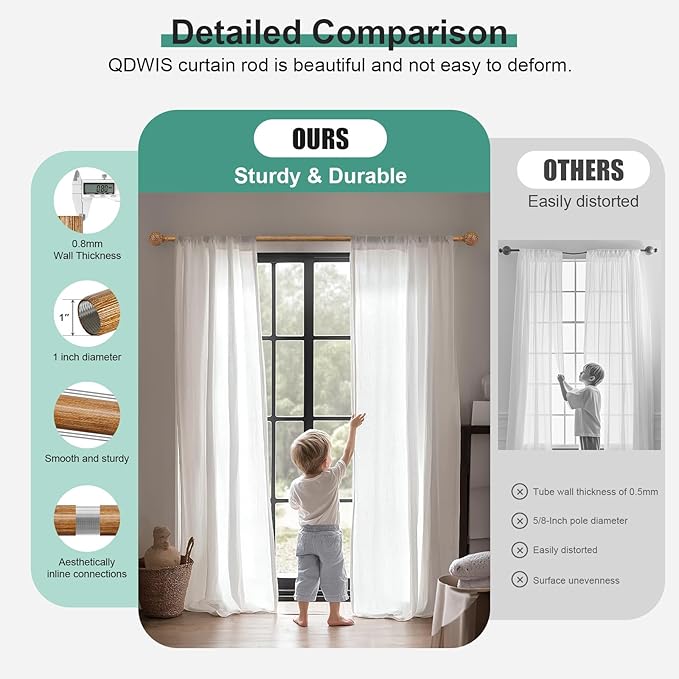 2 Pack Boho Wood Curtain Rods for Windows 28 to 48 inch,1" Adjustable Heavy Duty Window Curtain Rod with Imitation Wood Grain Finials,Rustic Decorative Drapery Rods Set 18-60'',Natural Wood