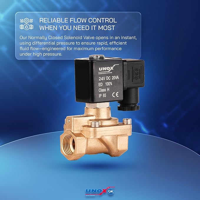 UNOX 3/8" NPT Solenoid Valve 24V DC, Brass Control Valve Normally Closed - 7-232 PSI Multi-Purpose Reliable Control Valve for Water, Air, and Gas - Solenoid Valves