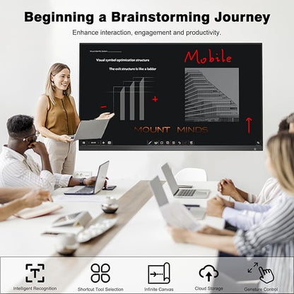 65 Inch Smart Board,4K Touch Screen Interactive Whiteboard, All-in-One Smart Digital Whiteboard for Classroom Home and Business Built in Android 14.0 8+128G with Robust App Ecosystem(Board+Wall Mount)
