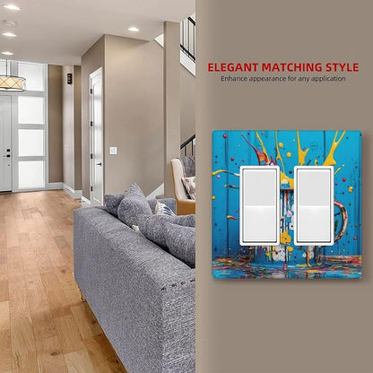 Decorative Outlet Covers Colorful Paint Splatters Blue Wood Plank 2 Gang Wall Plate Double Rocker Two Switch Wall Cover Plate Jumbo Dual GFCI Faceplate for Home Decor
