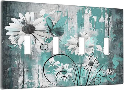 Light Switch Covers Teal Daisy Floral Vintage Wood Plank Quad Toggle Electrical Faceplate 4 Gang Wall Plate Decorative Switch Plates For Farmhouse Cabin Decor