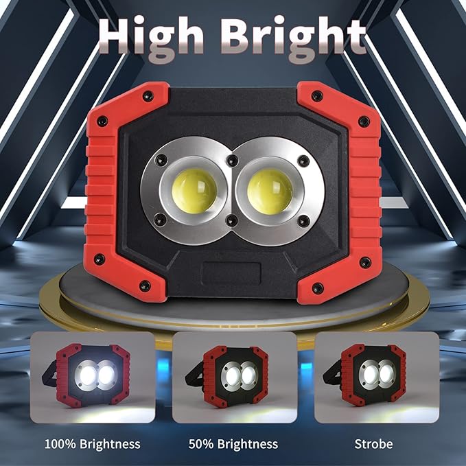 OTYTY LED Work Light 2-Pack, 30W 1500LM Portable Rechargeable Flood Lights with Magnetic Base, 4200mAh Battery for Outdoor, Camping, Hiking, Emergency, Car Repairing, Job Site Lighting (W839 Red)