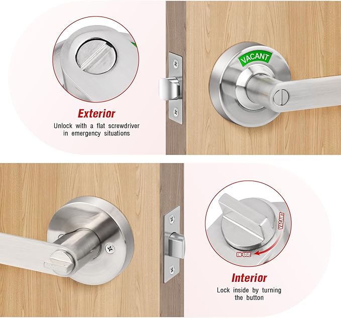 Bathroom Indicator Privacy Door Lock, Vacant Occupied Lock, Large Vacant or In-Use Door Handle, ANSI Grade 2 Commercial Grade, Satin Chrome