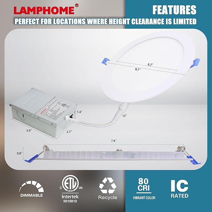 LAMPHOME 1-Pack of 8-Inch Slim LED Recessed Lights with Junction Box, Adjustable Color Temperatures (2700K-5000K), 18W Equivalent to 125W, Dimmable, 1600LM Brightness - ETL and Energy Star Certified