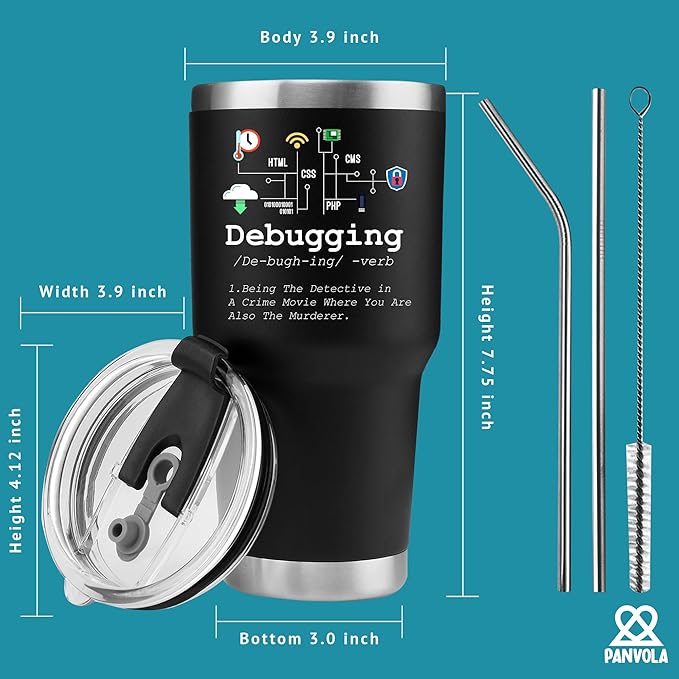 Panvola Debugging Definition Computer Programmer Gifts Student Teacher Coder Boyfriend Girlfriend IT Vacuum Insulated Tumbler Tech Support Travel Mug Stainless Steel With Straw Removable Lid (30 oz)