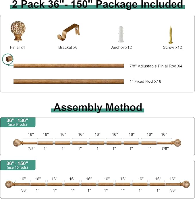 2 Pack Imitation Wood Grain Ball Curtain Rods for Windows 72 to 144 Inch,1 Inch Heavy Duty Adjustable Wood Curtain Rod,Boho Decorative Drapery Rods Set with Brackets,Size:36''-150''