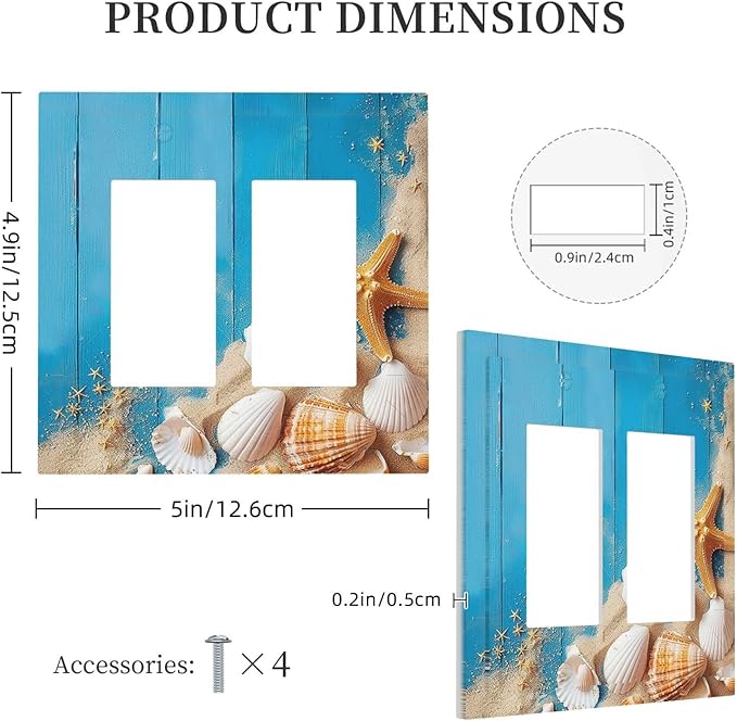 Decorative Outlet Covers Blue Wood Grain Beach Shell Starfish 2 Gang Double GFCI Rocker Electrical Wall Panels Light Switch Cover Plate for Bathroom Farmhouse Decor