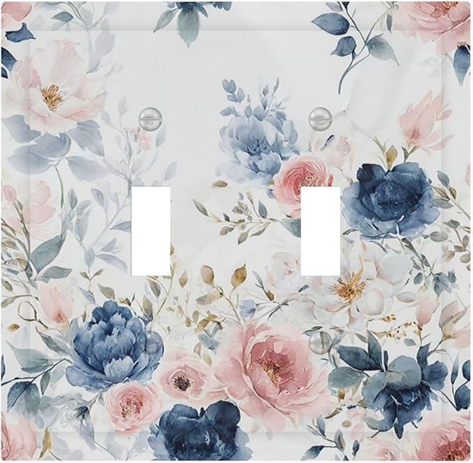 Elegant Watercolor Pink Blue Flowers Floral 2 Gang Double Toggle Light Switch Cover Decorative Switchplate Electrical Wall Plates Faceplate for Bathroom Bedroom Decor 4.9 X 5 IN