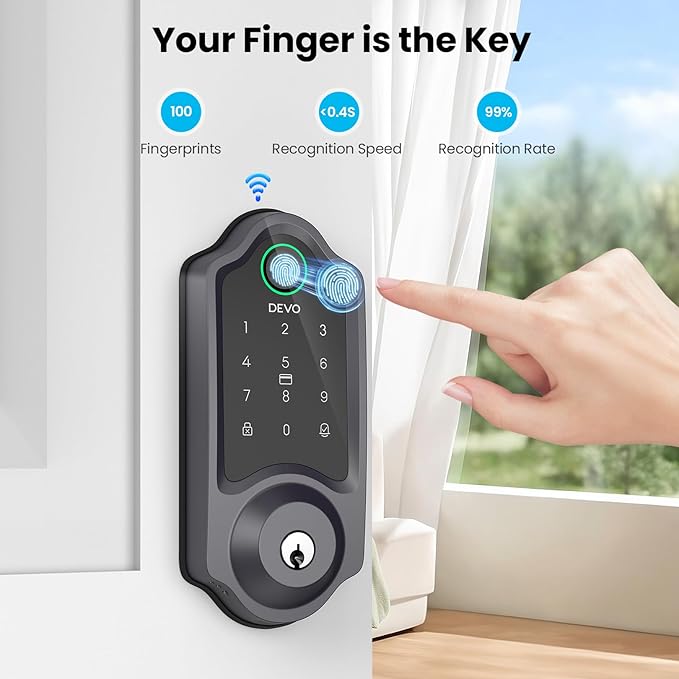 DEVO G8 Smart Lock with Doorbell - 6-in-1 Fingerprint Keyless Entry Deadbolt, Built-in Wi-Fi & APP Control, IP54 Waterproof Auto-Lock for Front Door Security, Easy Install (BHMA Certified)