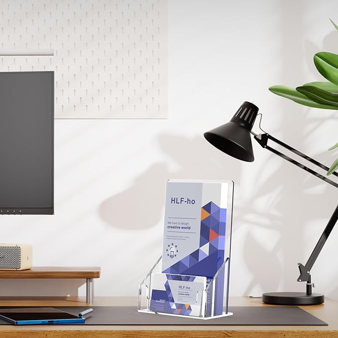 Brochure Holder 4x9 Inch Acrylic Literature Holders Clear Flyer Display Stand with Removable Business Card Slot Pamphlet Holder Organizer for Office, Lobby, Hotels, Trade Shows, 6 Pack