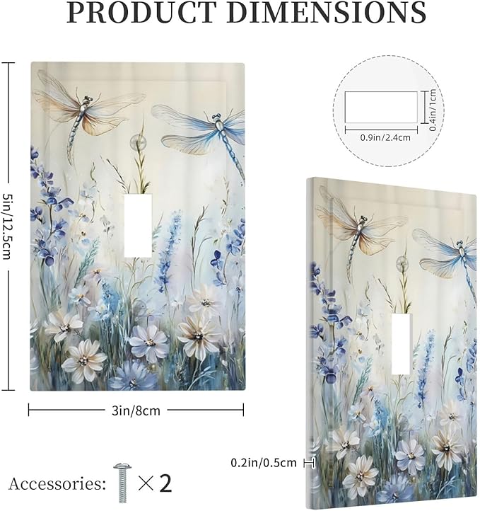 Decorative Light Switch Cover Plate Watercolor Dragonfly Blue Wihte Flower 1 Gang Single Toggle Wall Plates for Electrical Outlets Outlet Covers Switch Plate Covers Faceplate for Home Decor