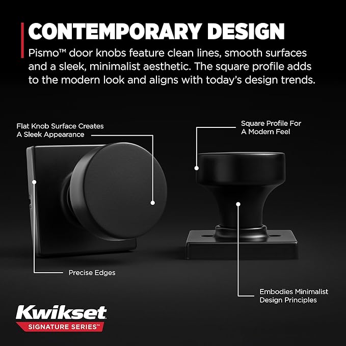 Kwikset Pismo Interior Passage Door Knob, Handle for Closet and Hallway Doors, Non-Locking Doorknob in Matte Black, with Microban Protection, Square Rose (Pack of 10)