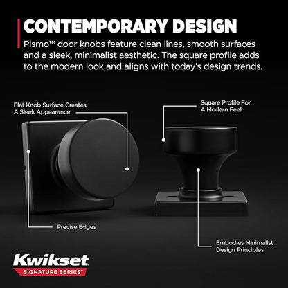Kwikset Pismo Interior Passage Door Knob, Handle for Closet and Hallway Doors, Non-Locking Doorknob in Matte Black, with Microban Protection, Square Rose (Pack of 10)