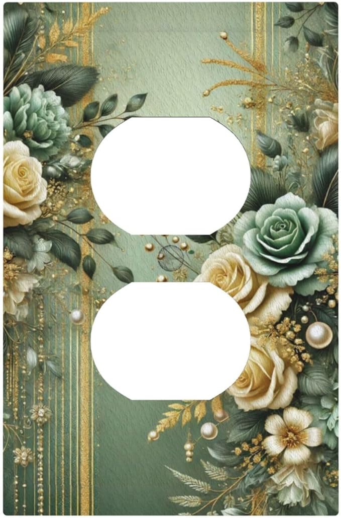 Decorative Outlet Covers Rustic Green Floral Leaves Teal Flowers Gold Stripe 1 Gang Duplex Light Switch Cover Plate Wall Plates for Electrical Outlets Switchplate Faceplate