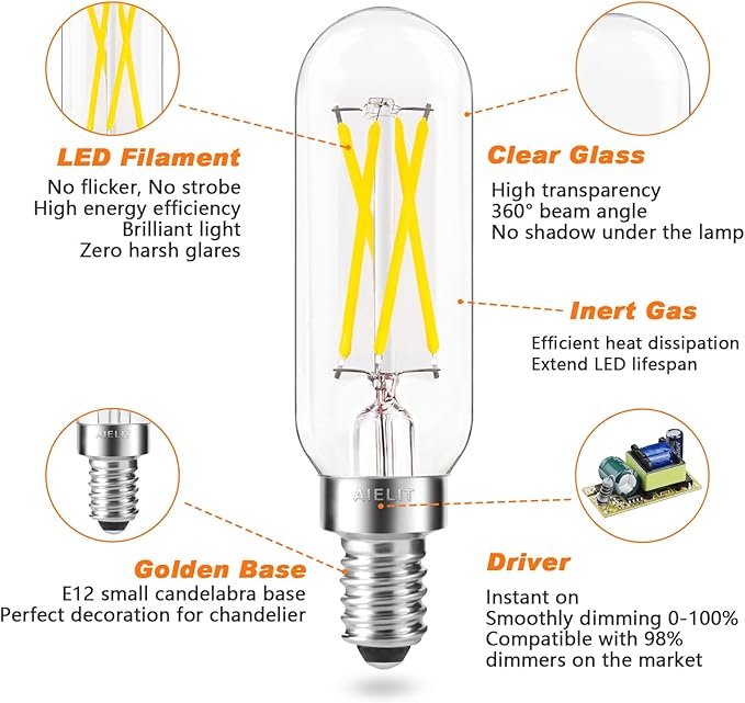 T8 Dimmable LED Bulbs Daylight, E12 Small Base, 4-Watt AIELIT Tubular Candelabra Light Bulb for Floor/Table Lamps Sconces Sputnik Chandelier Ceiling, 40W Equivalent Bright White (5000K), Clear, 4-Pack