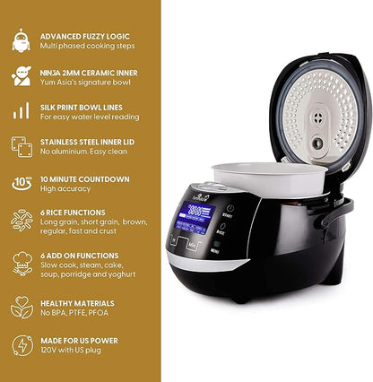 Yum Asia Sakura Rice Cooker with Ceramic Bowl and Advanced Fuzzy Logic (8 Cup, 1.5 Litre) 6 Rice Cook Functions, 6 Multicook Functions, Motouch LED Display, 120V Power (Black and Silver)